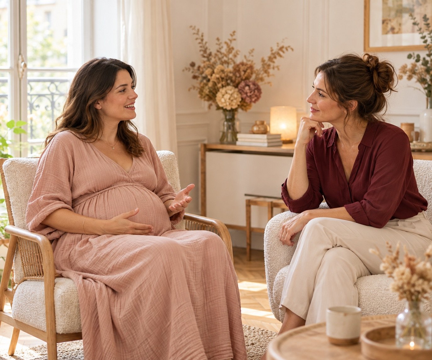 Scène d’illustration : deux femmes échangent autour d’une table