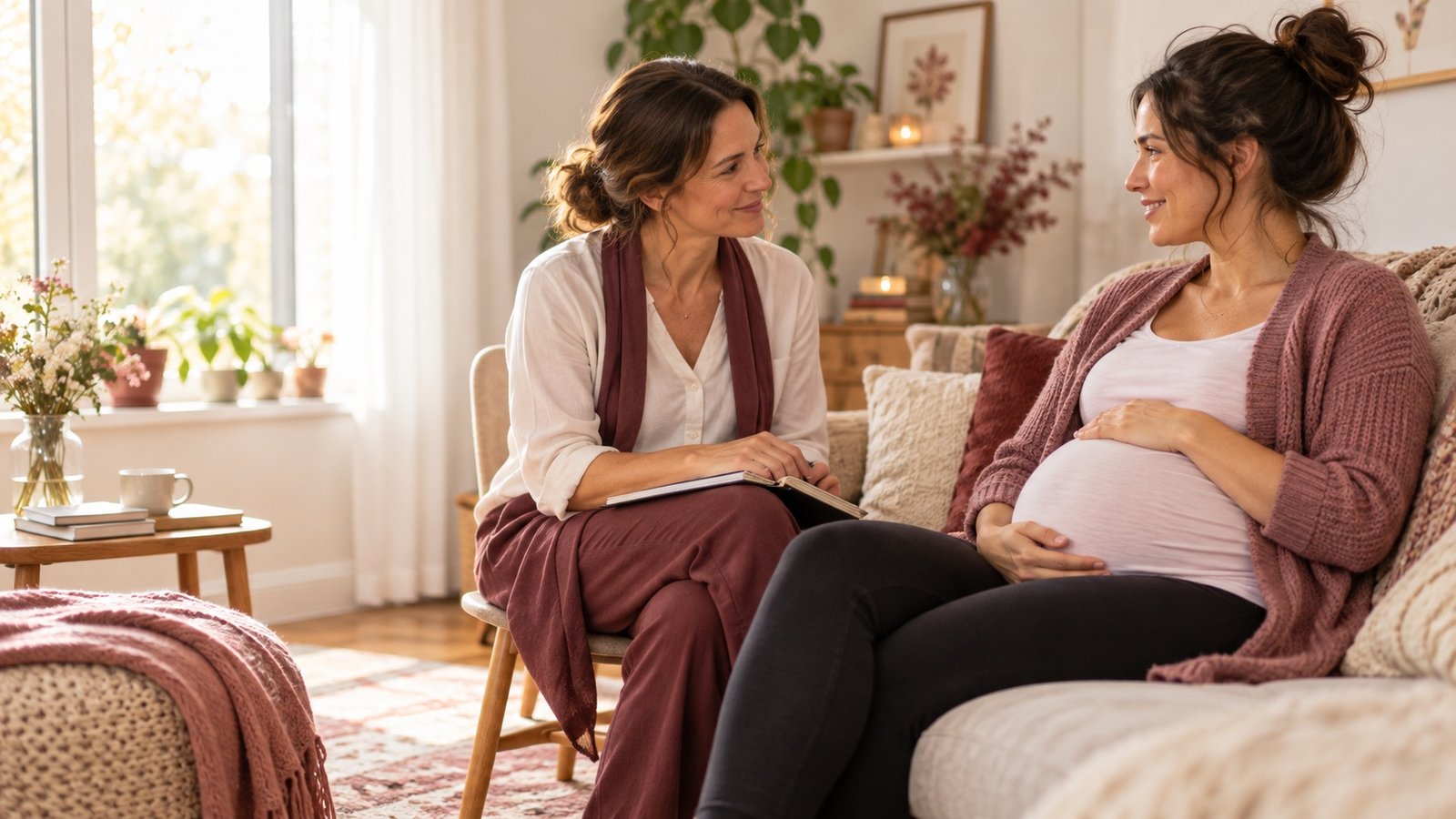 Future maman échangeant avec une accompagnante dans un salon chaleureux