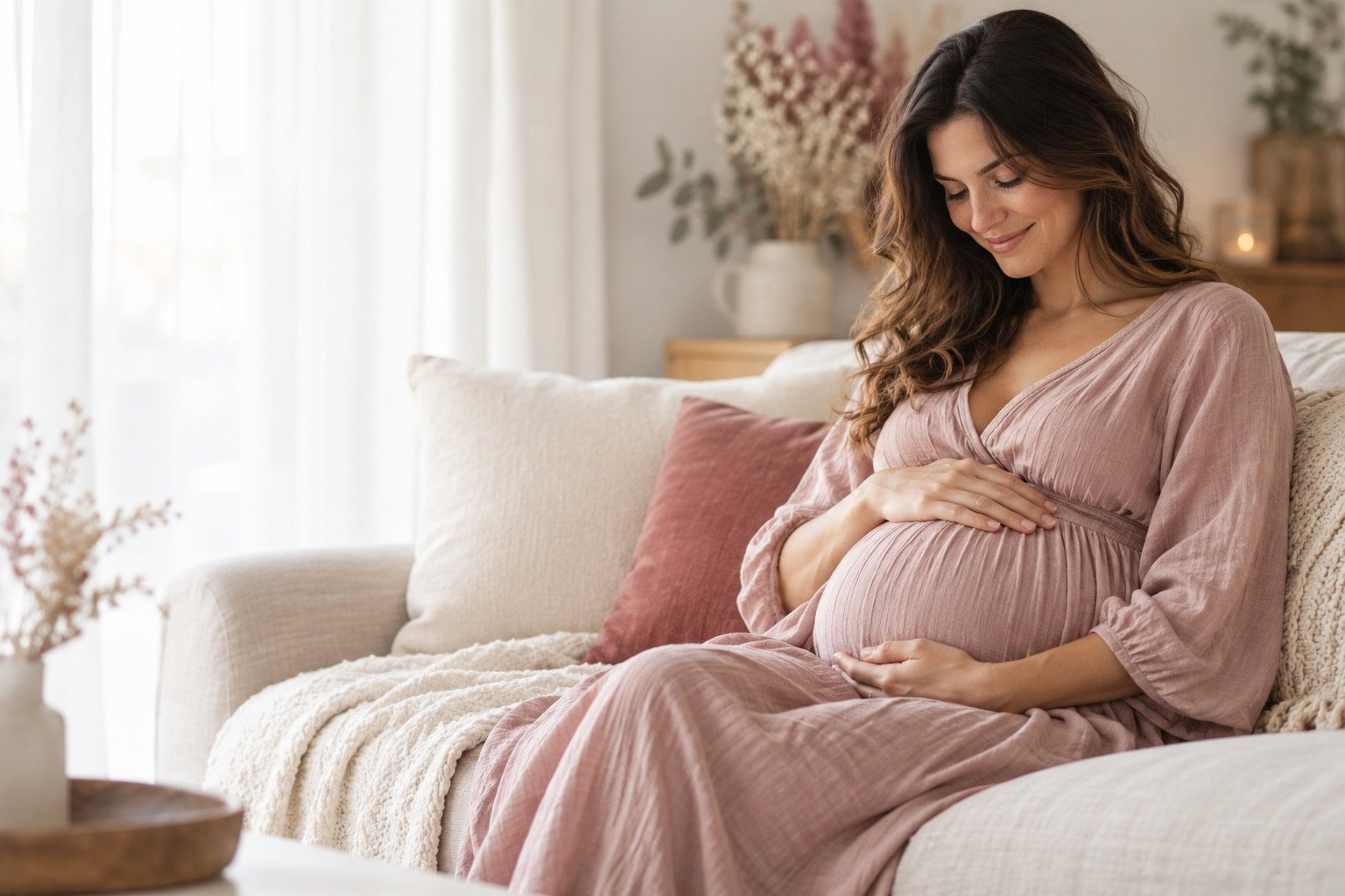 Future maman assise paisiblement dans un intérieur lumineux