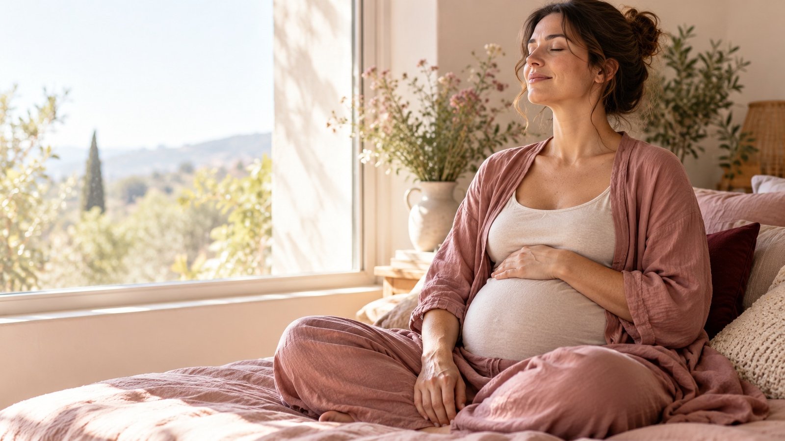 Future maman prenant un temps de respiration près d’une fenêtre
